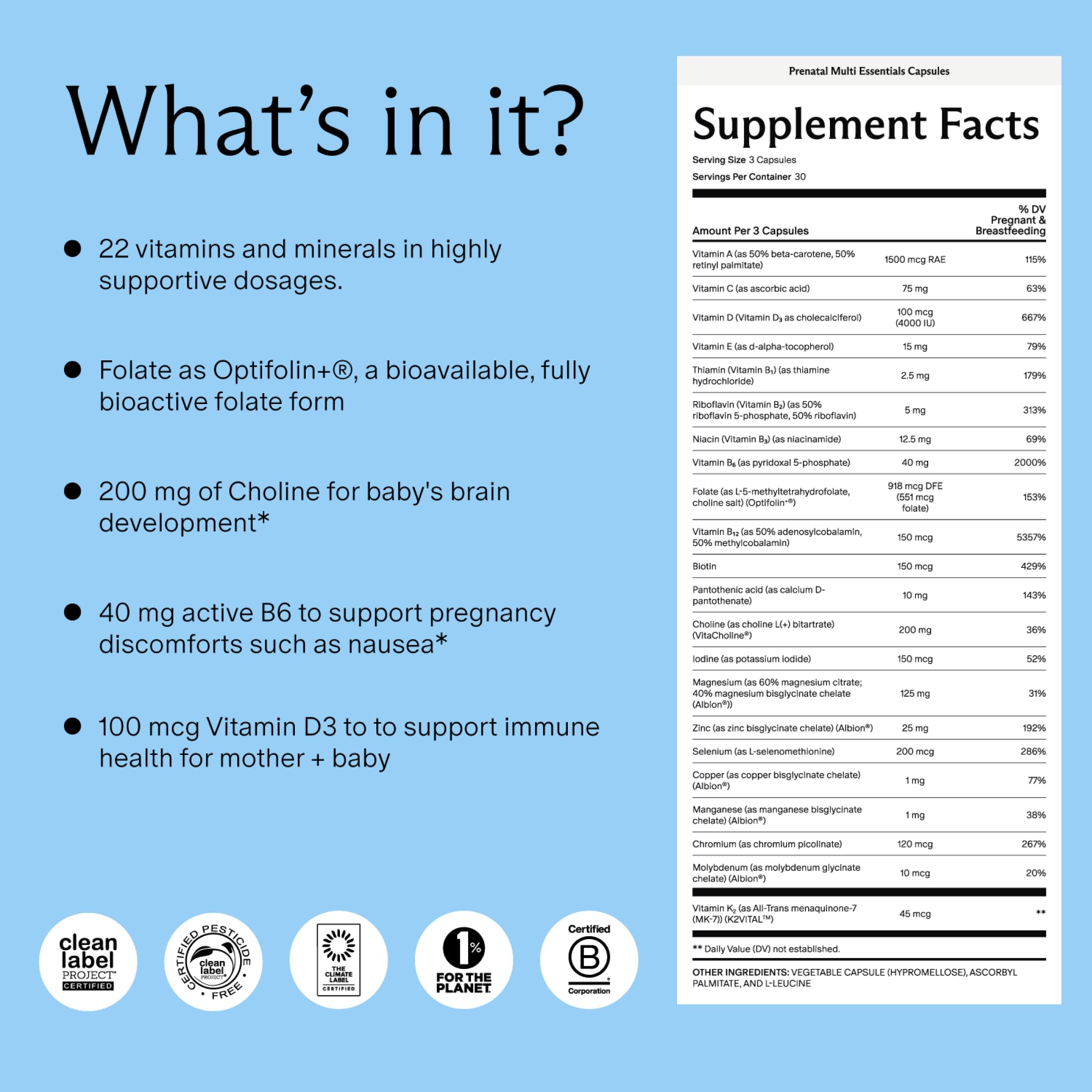 Needed. Multivitamin for Prenatal, Prenatal Multi Essentials Capsule | Pregnancy, Breastfeeding, Postpartum, Expertly-Formulated & Third-Party Tested, Citrus Scent Insert, 30-Day Supply
