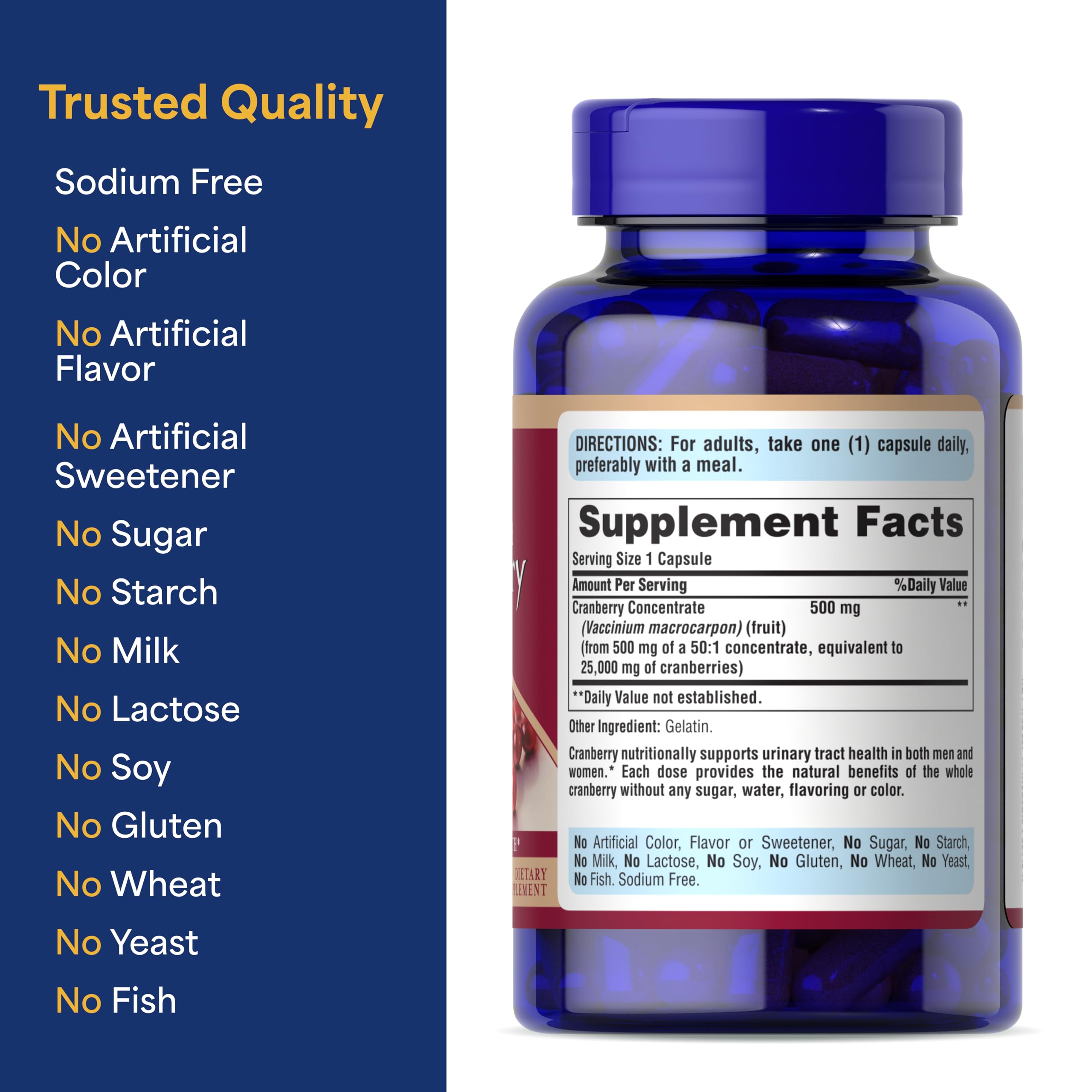 Buy now Puritan's Pride Naturally Sourced Cranberry One Per Day Fruit Concentrate 500mg, 50:1 Dietary Supplement for Urinary Tract Support, 4 Month Supply, 120 Rapid Release Capsules at indiglob india