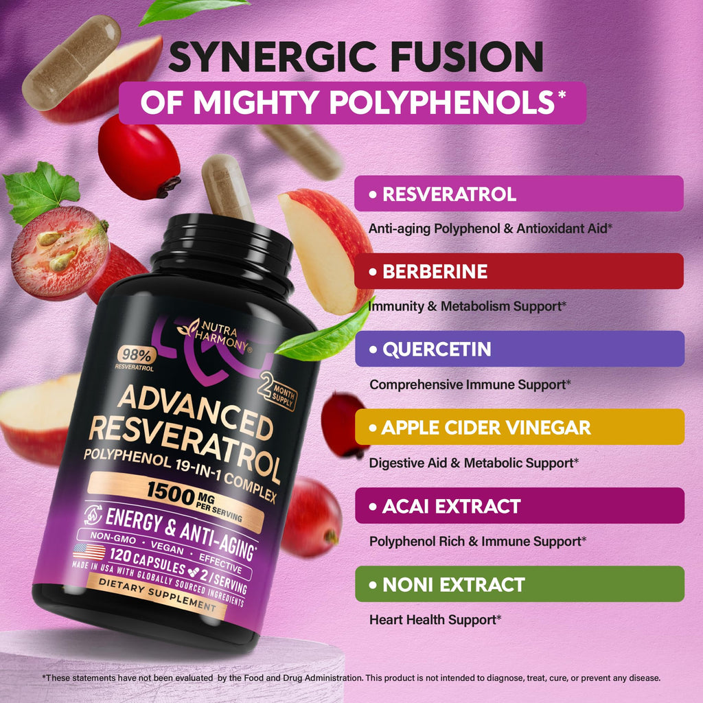 Resveratrol + Berberine, Quercetin, ACV, Acai & Noni Supplement - 120 Caps | 19in1 Organic Polyphenol Resveratrol Supplement - Antioxidant & Heart Health Support - Energy & Anti-Aging - Vegan, NON-GMO