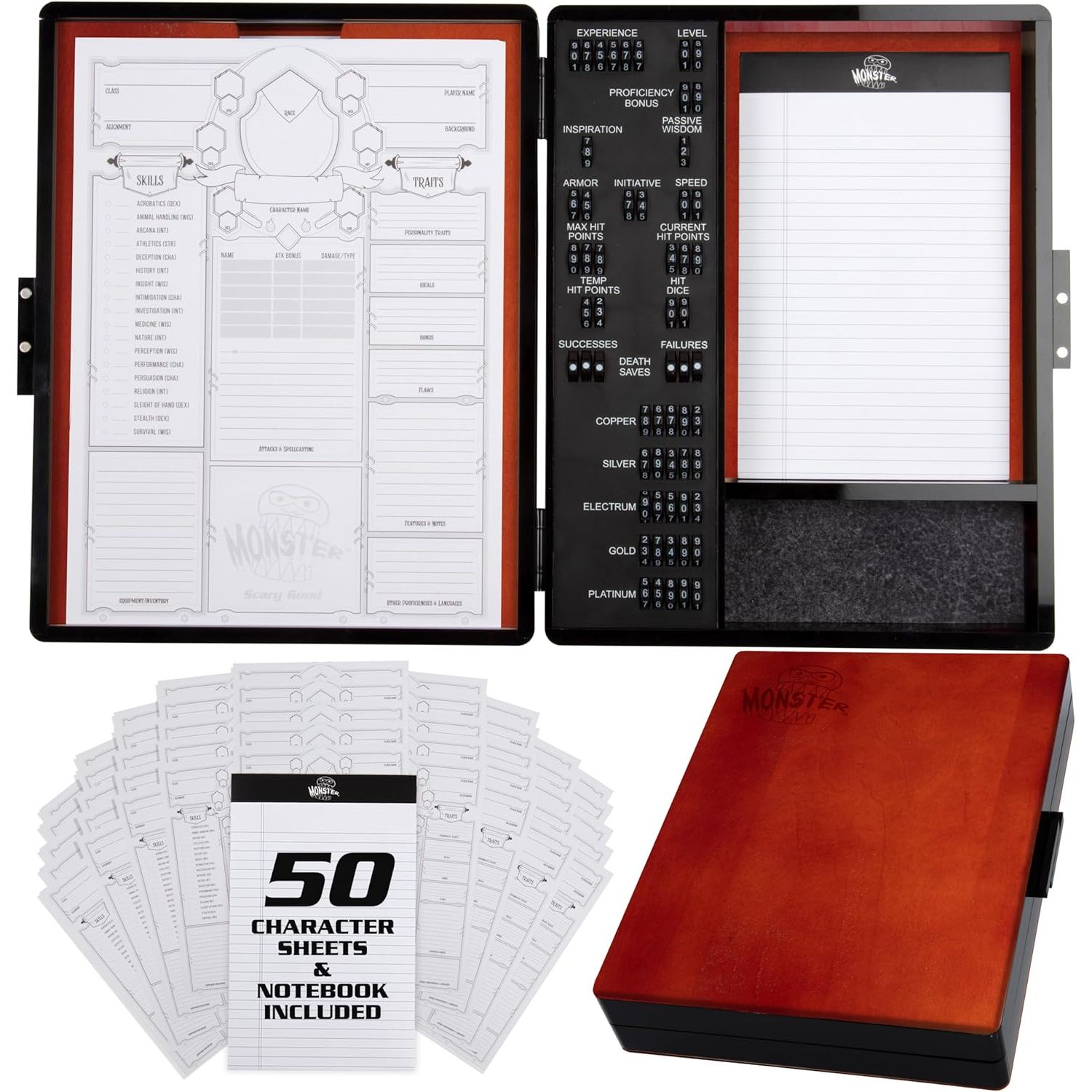 Buy now Monster Wooden Deluxe DND Stat Tracker Case- Compatible with Dungeons and Dragons- Record RPG Character Notes, Attacks, Abilities- Felt Dice Rolling Tray, Notebook, 50 Character Sheets for Gameplay Dark Stain at indiglob india