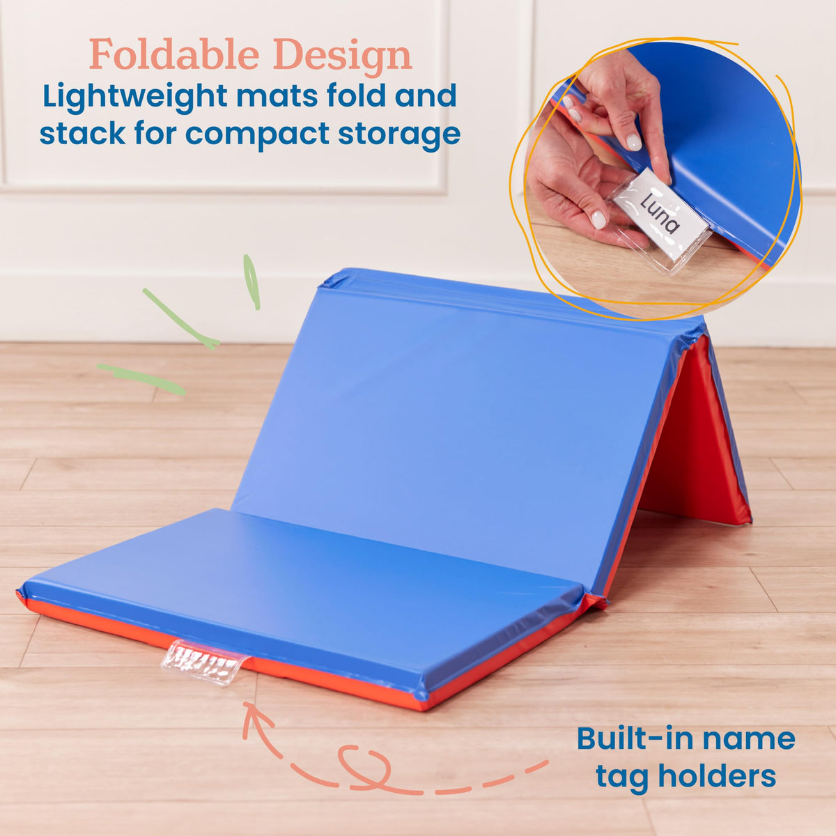 ECR4Kids Premium Folding Rest Mat, 3-Section, 2in, Sleeping Pad, Blue/Red
