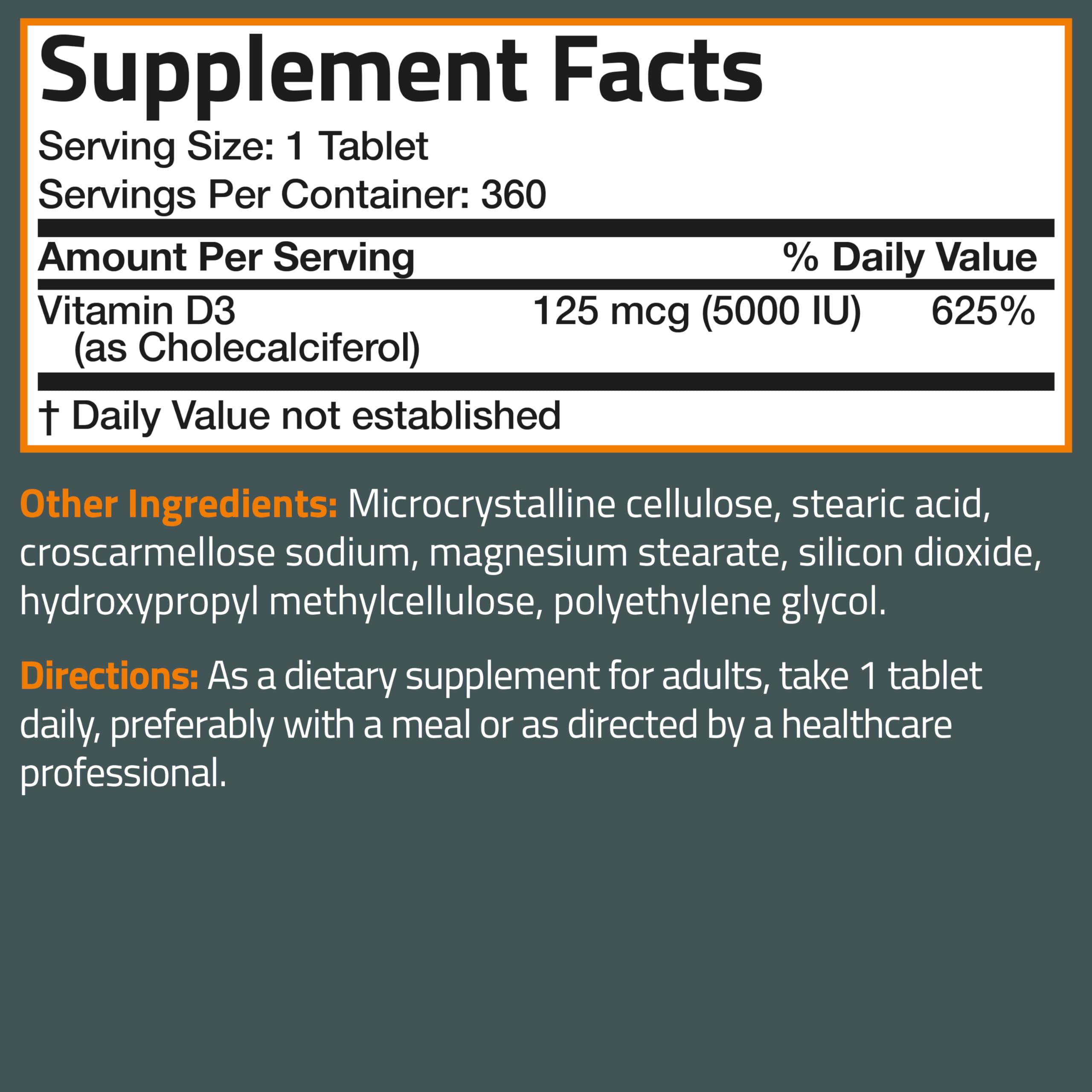 Bronson Vitamin D3 5000iu (125mcg) Non-GMO Gluten-Free Soy-Free 360 Tablets | Immune, Bone, Joint, Breast, Heart, and Colon Health Supplement