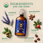 Organic Body & Face Oil for Dry Skin, Natural After Shower Moisturizer 8oz | Hydrating Cold Pressed Blend of Almond, Olive, Jojoba, Rosehip, Vitamin E & Lavender Oils, Scented Facial & Body Oil