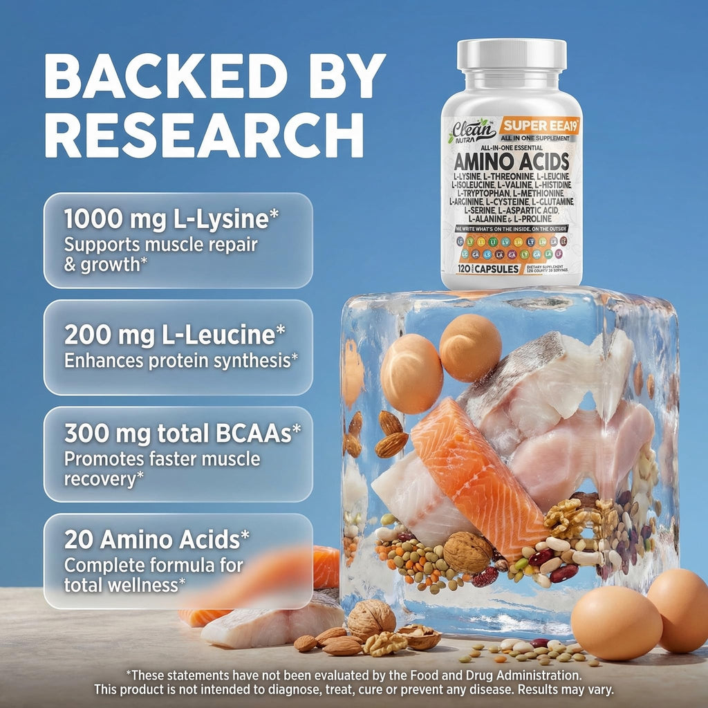 Clean Nutraceuticals Amino Acids Supplement L-Lysine, L-Threonine, L-Leucine, Isoleucine, Valine, L-Histidine, L-Tryptophan, L-Methionine, L-Arginine, L-Cysteine, L-Glutamine, L-Serine, Aspartic Acid