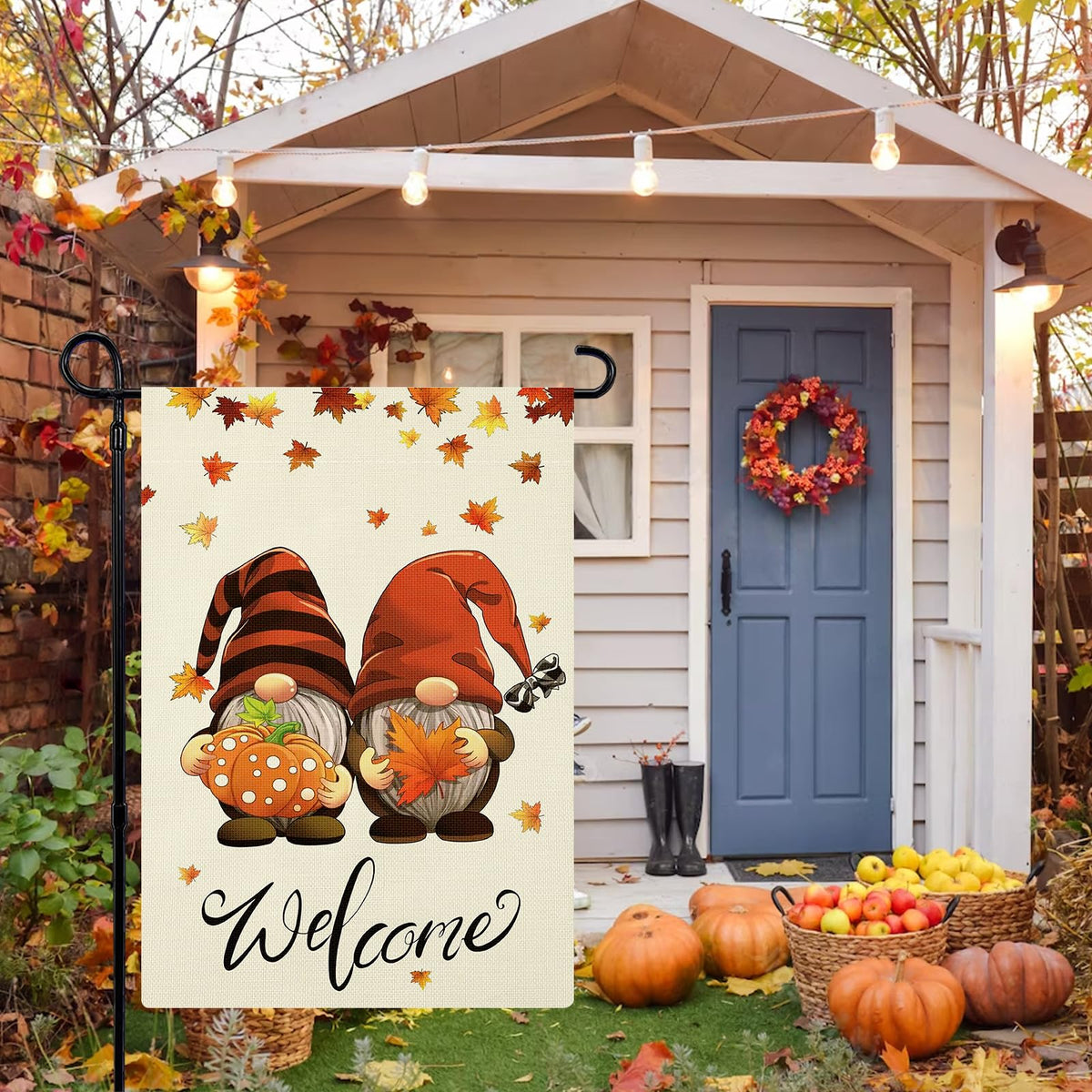 Fall Garden Flag Double Sided, Welcome Gnomes Fall Flag Yard Flag for Seasonal Outdoor Decoration 12x18 Inch