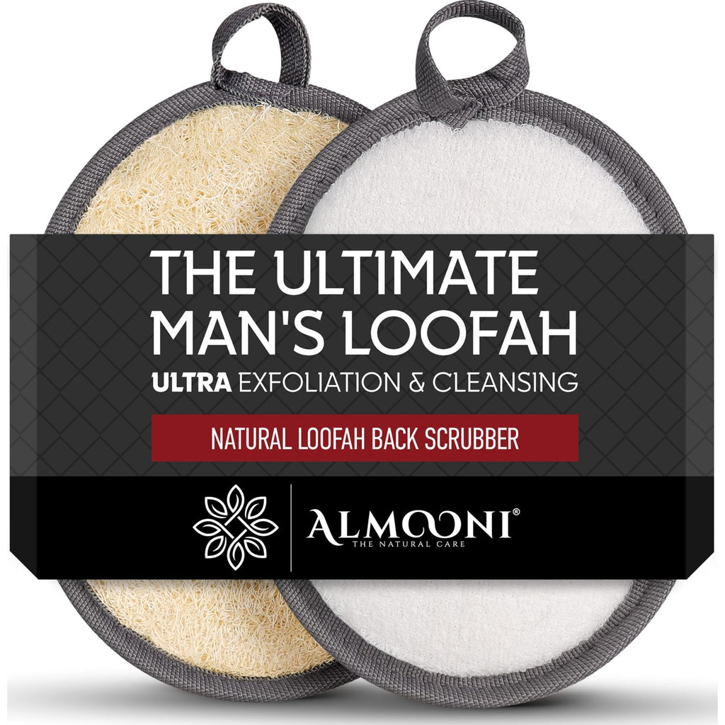 ALMOONI Loofah Sponge Body Scrubber for Men, Gray, 2 Count | Natural Egyptian Loofah with Handle Strap, Dual-Sided with Cotton Back, Exfoliating Body Scrubber Loofah for Men