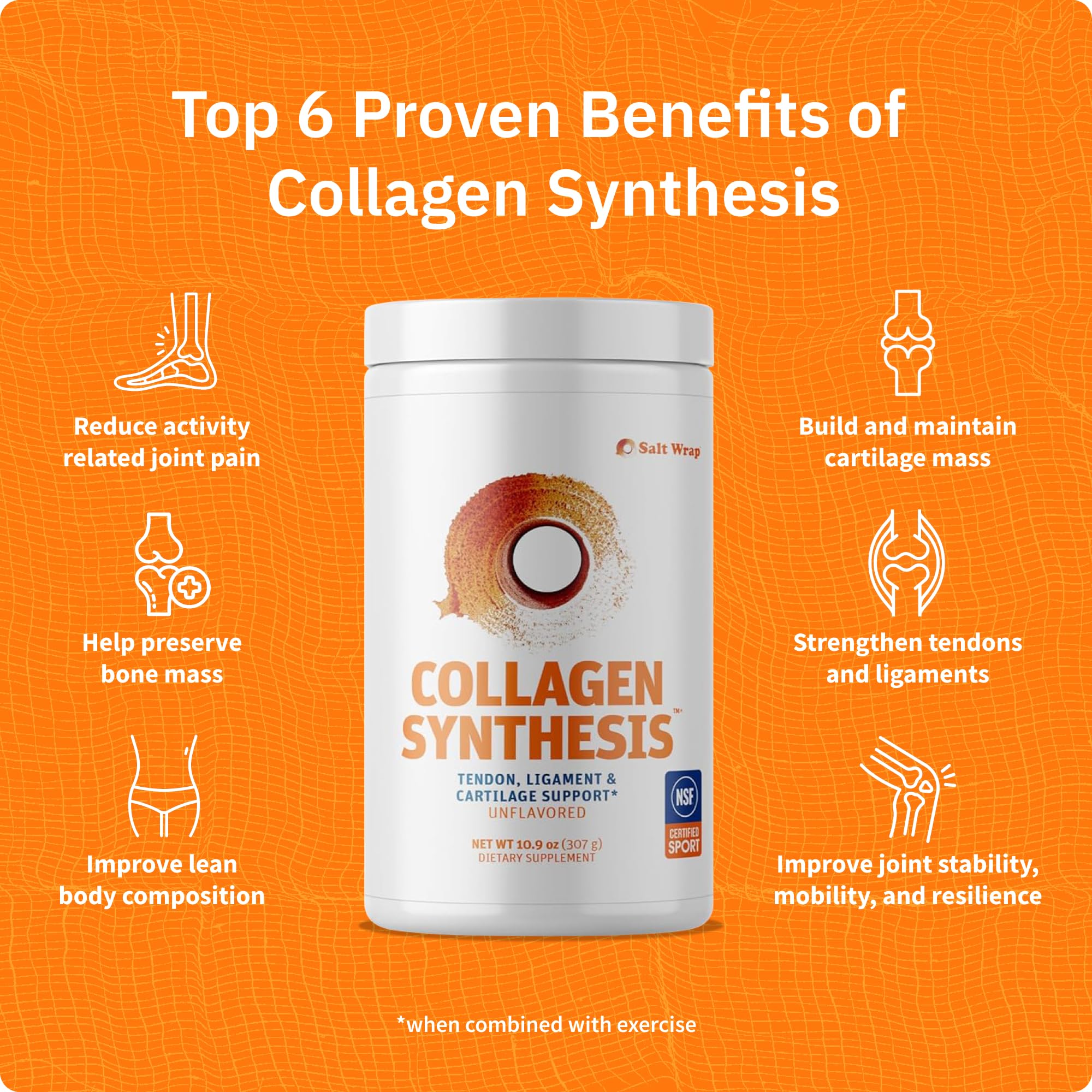 SaltWrap Collagen Synthesis Peptides for Joints, Tendon & Ligament Recovery | Cartilage repair collagen powder supplement. Features patented Tendoforte and Fortigel. Unflavored, NSF Certified bone health