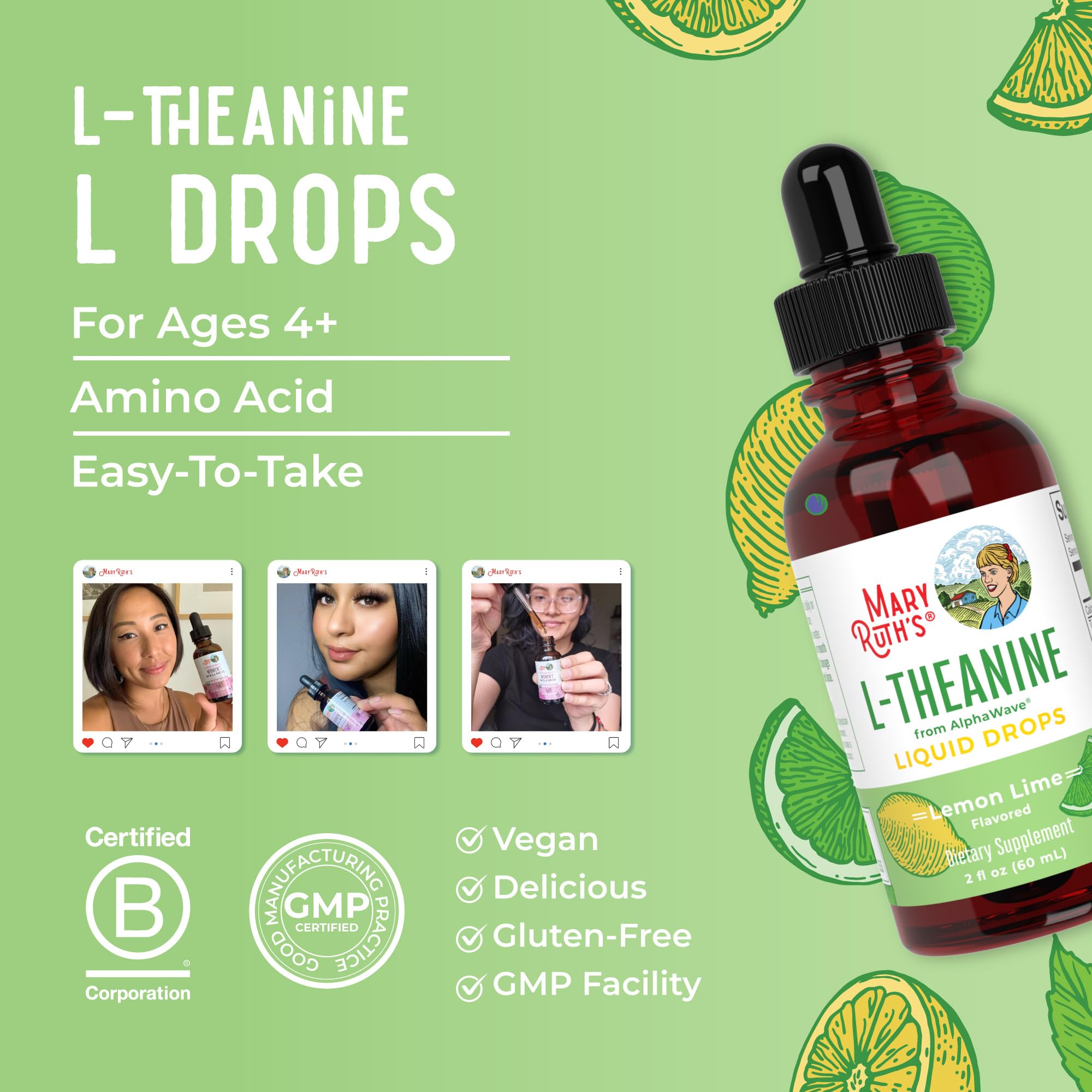 MaryRuth's L Theanine 200mg Liquid Drops for Adults & Kids, 30 Servings | Mood Support, Focus Supplement, Natural Sleep Support, Vegan, Non-GMO