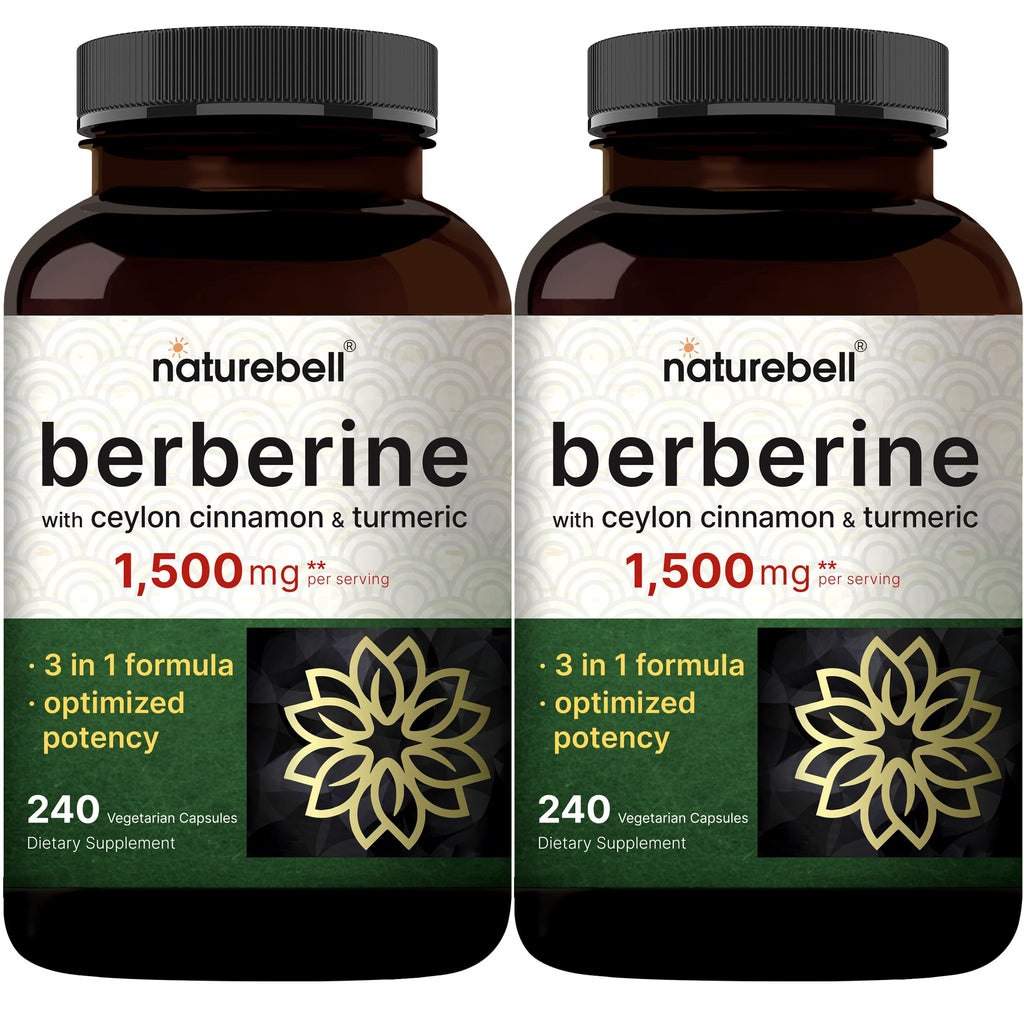 NatureBell Berberine Supplement 1,500mg with Ceylon Cinnamon & Turmeric Root, 240 Veggie Capsules | 97% Pure Berberine HCL | Supports Balanced Sugar Levels & Heart Health | Vegan, Non-GMO