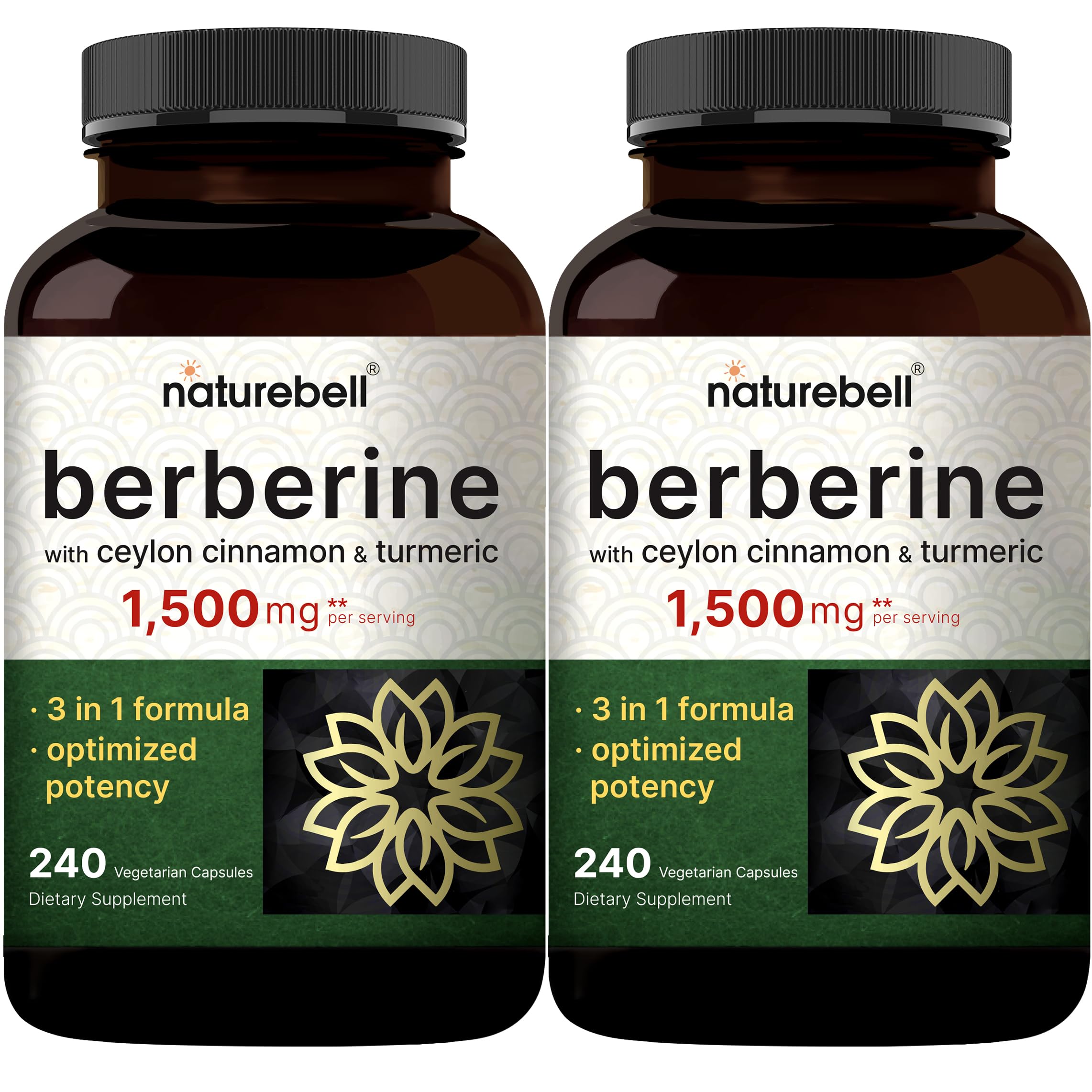 NatureBell Berberine Supplement 1,500mg with Ceylon Cinnamon & Turmeric Root, 240 Veggie Capsules | 97% Pure Berberine HCL | Supports Balanced Sugar Levels & Heart Health | Vegan, Non-GMO
