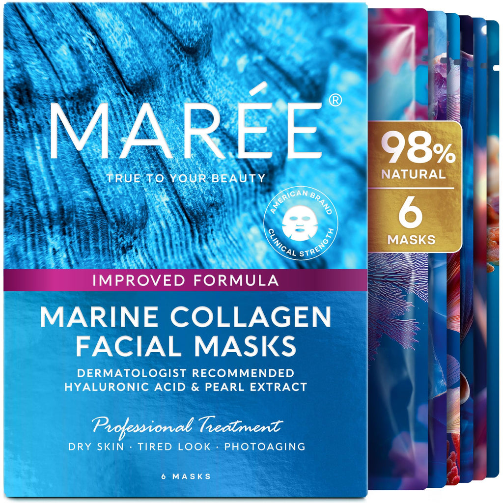MAREE Collagen Facial Mask with Hyaluronic Acid — Sheet Face Mask Skincare — Centella Asiatica, Green & Red Algae Extract — Hydrating Facemask For Women Skin Care — Mascarillas Para La Cara — 6 Count