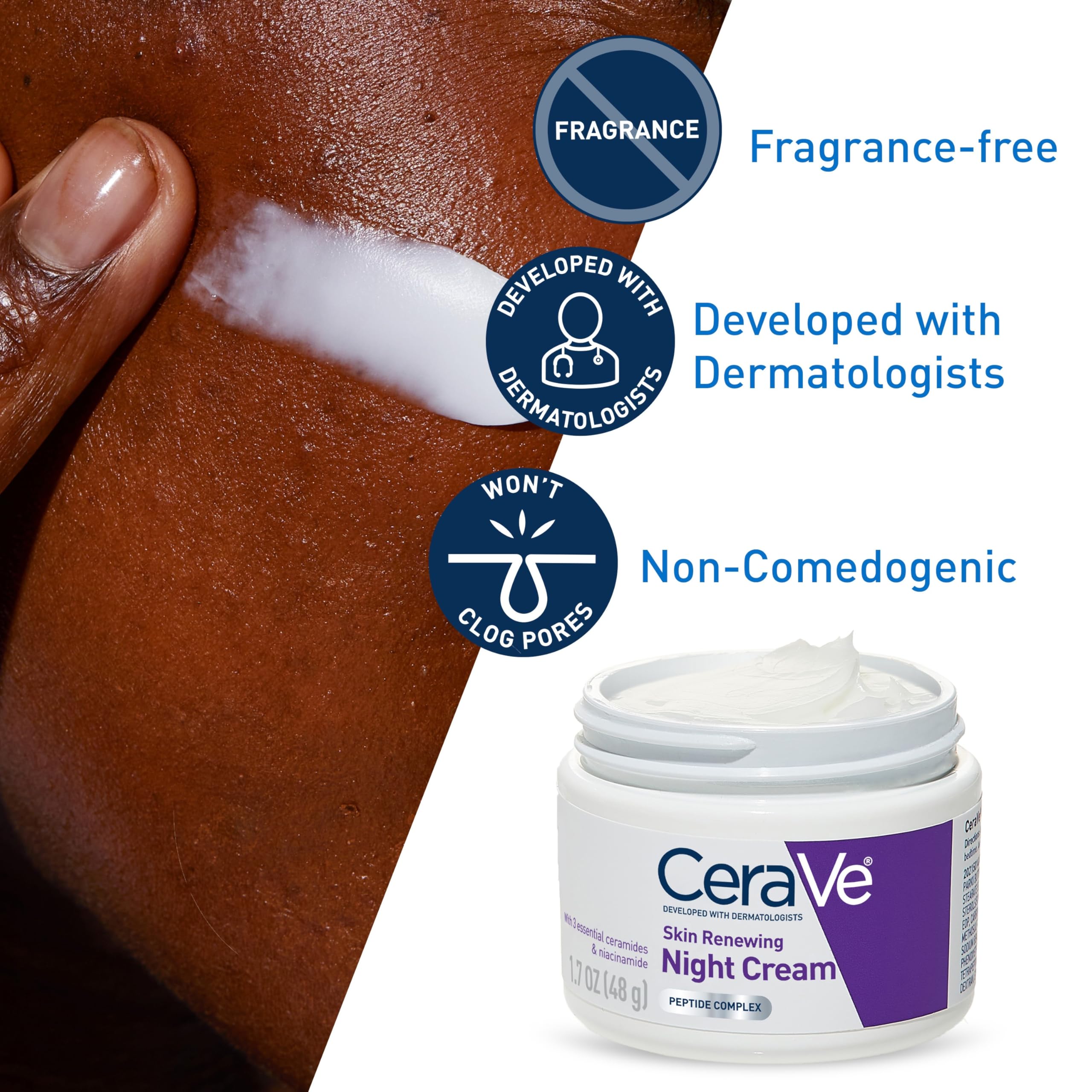 CeraVe Night Cream, Face Moisturizer, Skin Care for Dry Skin, 1.7oz | Skin Renewing Face Moisturizer with Hyaluronic Acid & Peptides, Night Cream For Men & Women, Anti-Aging Face Cream, Daily Use