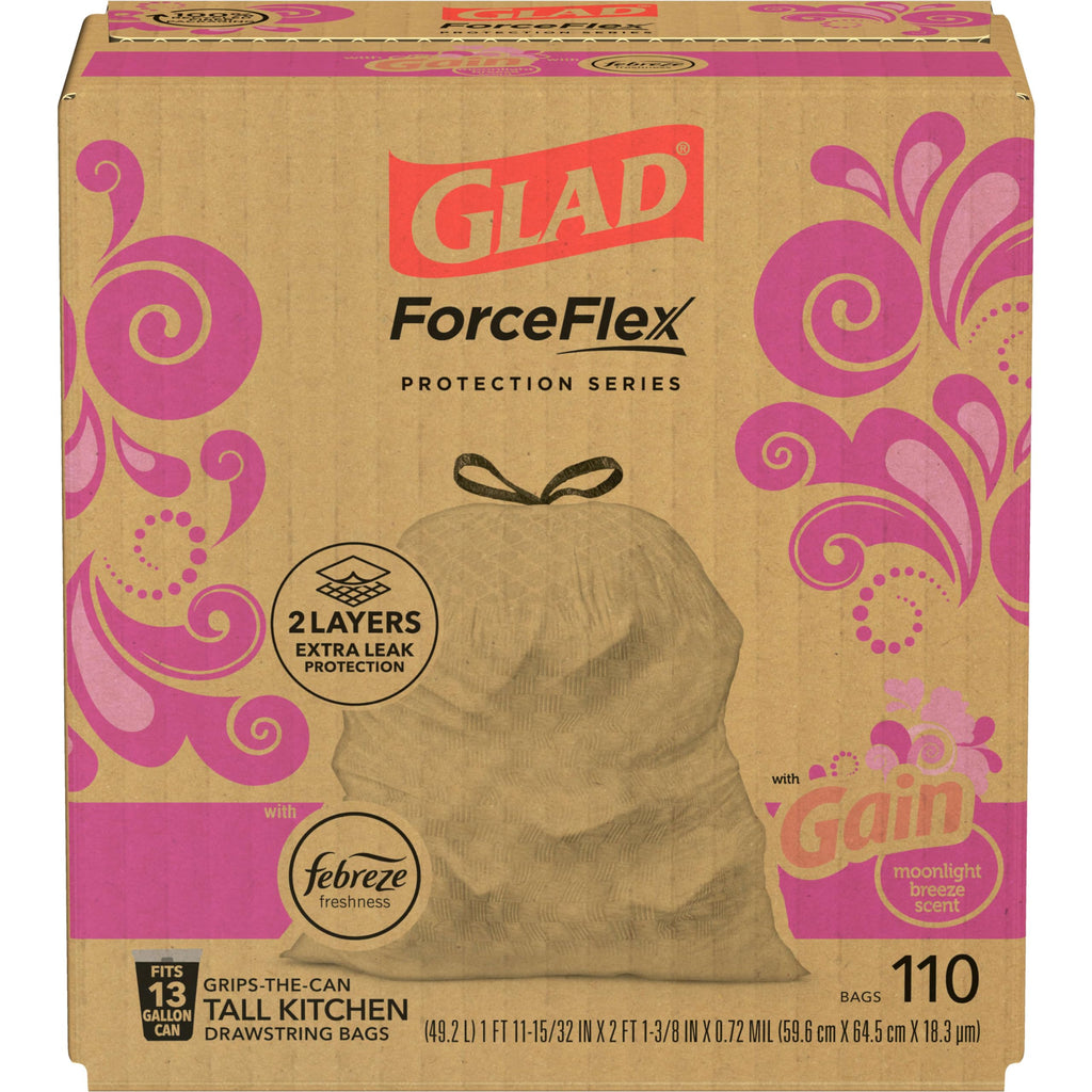 Glad ForceFlex Tall Kitchen Trash Bags, 13 Gal, Gain Moonlight Breeze, 110 Ct, Pack May Vary