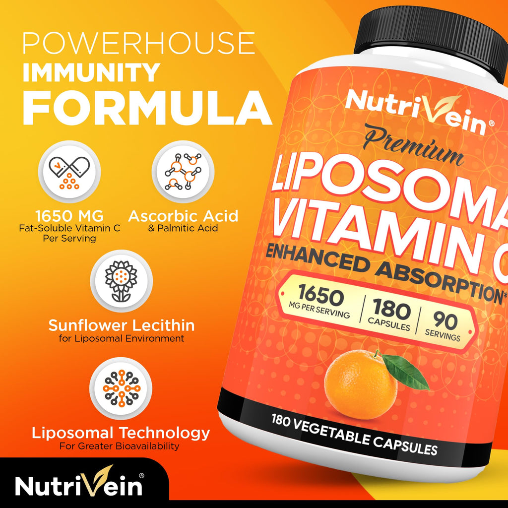 Nutrivein Liposomal Vitamin C Supplement 1650 mg - 180 Capsules, High Dose | High-absorption liposomal delivery for men and women. Supports whole-body defenses, skin, and overall well-being. Non-GMO.