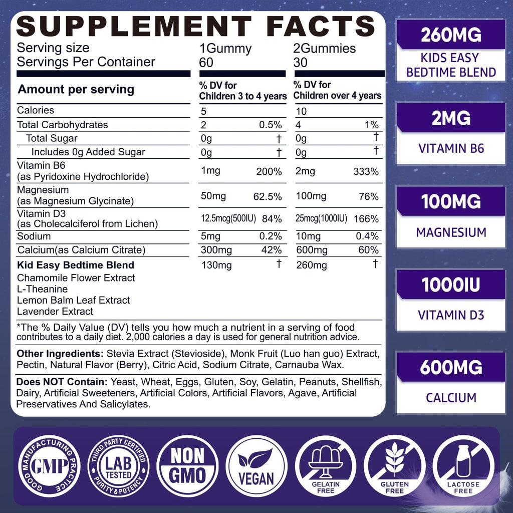 Kids Sleep Gummies - Magnesium Glycinate Gummies, Melatonin Free Sleep Aid | Magnesium, Calcium, D3, B6, L Theanine | Kid Melatonin Alternative for Restful Sleep (Pack of 1)