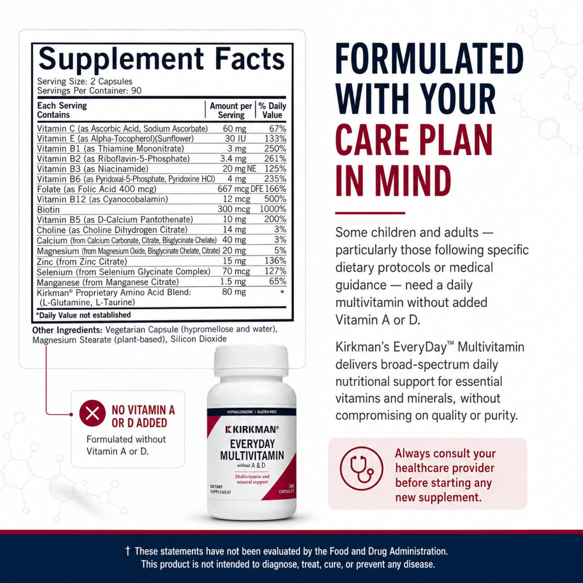 Kirkman Everyday Multivitamin Without Vitamins A & D, 180 Veg Capsules