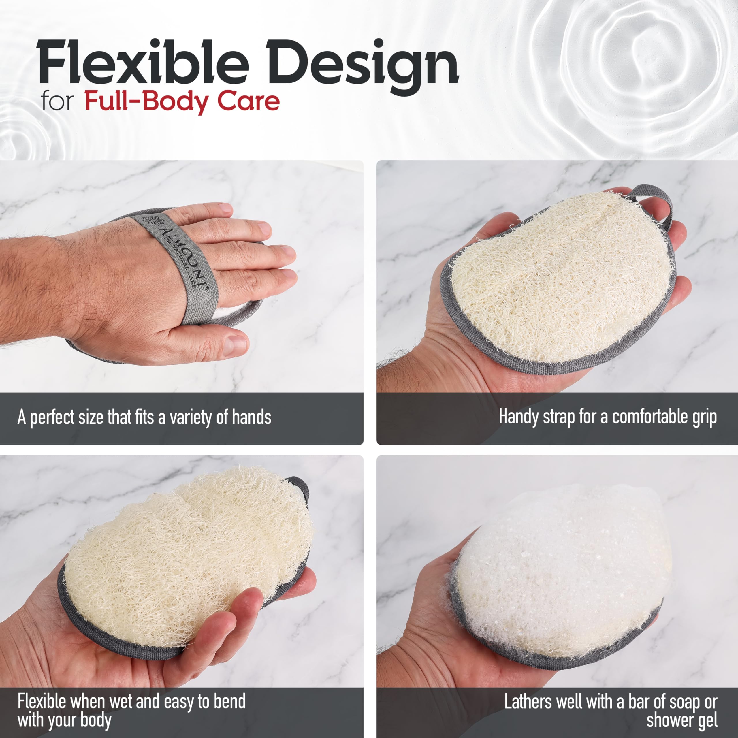 ALMOONI Loofah Sponge Body Scrubber for Men, Gray, 2 Count | Natural Egyptian Loofah with Handle Strap, Dual-Sided with Cotton Back, Exfoliating Body Scrubber Loofah for Men