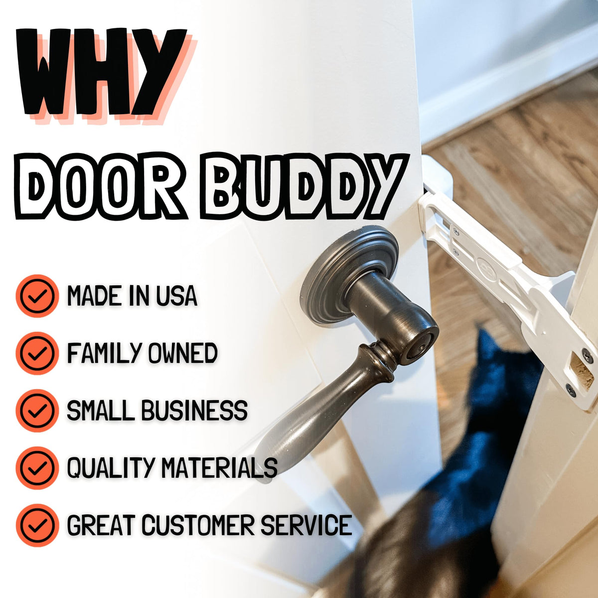 Door Buddy Door Prop for Cats - Easiest Cat Door Latch Holder to Keep Interior Door Open for Pets - Dog Proof Cat Feeding Station & Litter Box - Strong & Portable Door Stopper & Pet Gate Alternative