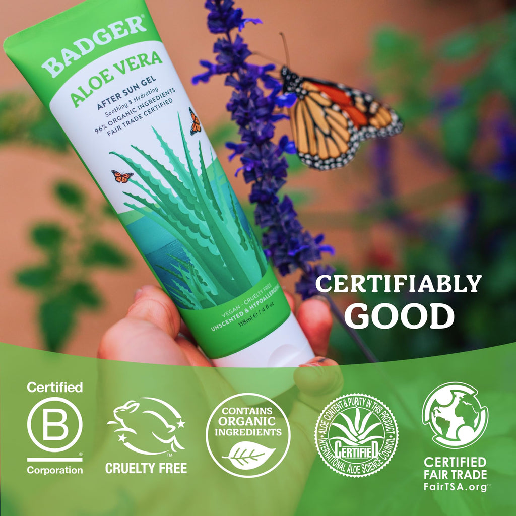 Badger Organic Aloe Vera Gel for Face & Body, 96% Pure Unscented Organic Aloe Gel for Cooling, Soothing, Non-Sticky Sunburn Relief, Vegan, Fair Trade & Hypoallergenic, 4 fl oz, 2-Pack