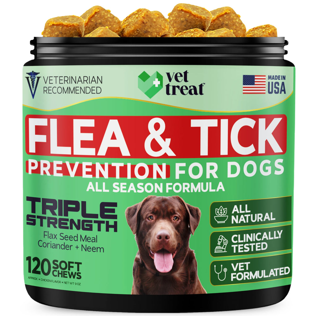 Flea and Tick Prevention for Dogs Chewables -Made in USA- Natural Dog Flea and Tick Treatment - Oral Flea Pills - Vet Recommended Flea and Tick Chews - All Breeds & Sizes - 120 Soft Treats (Chicken)