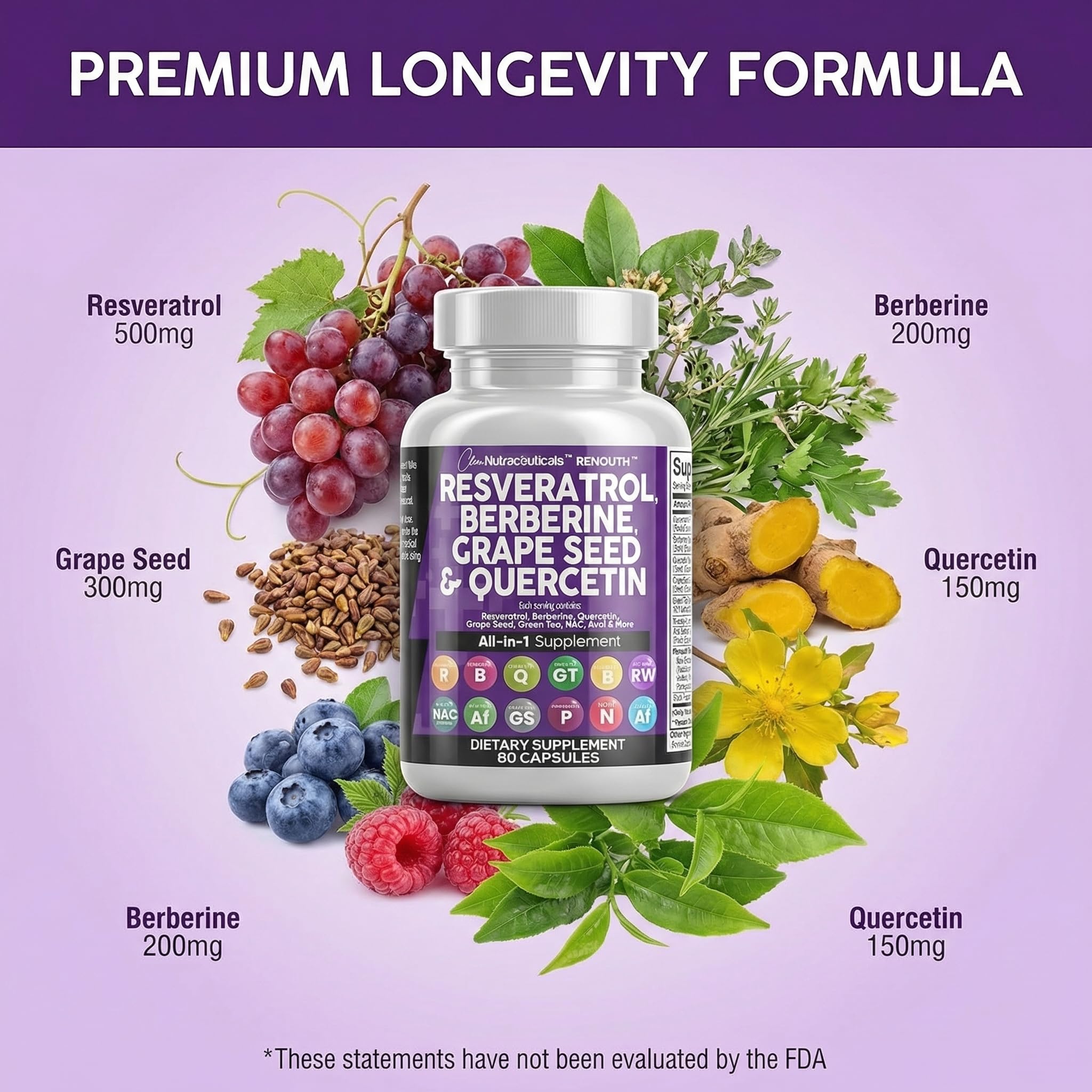Clean Resveratrol Supplement | Berberine Grape Seed Extract Quercetin Green Tea Extract Acai Noni Polyphenol Supplement for Women & Men N-Acetyl Cysteine