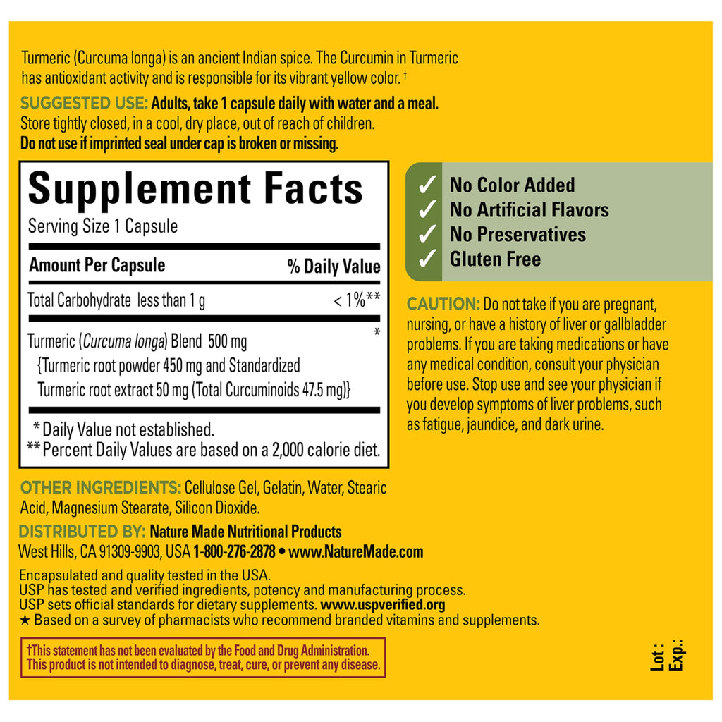Nature Made Turmeric Curcumin 500 mg, Herbal Supplements, 120 Capsules | Turmeric Curcumin Supplement for Antioxidant Support, Gluten Free, 120 Day Supply