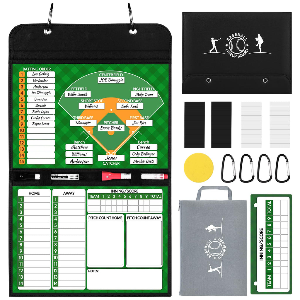 Magnetic Baseball Lineup Board, Collapsible Professional Softball & Baseball Lineup Board for Dugout, Baseball Clipboard for Coaches with 40 Magnetic Lineup Cards and High-End Markers (Leather Cover)