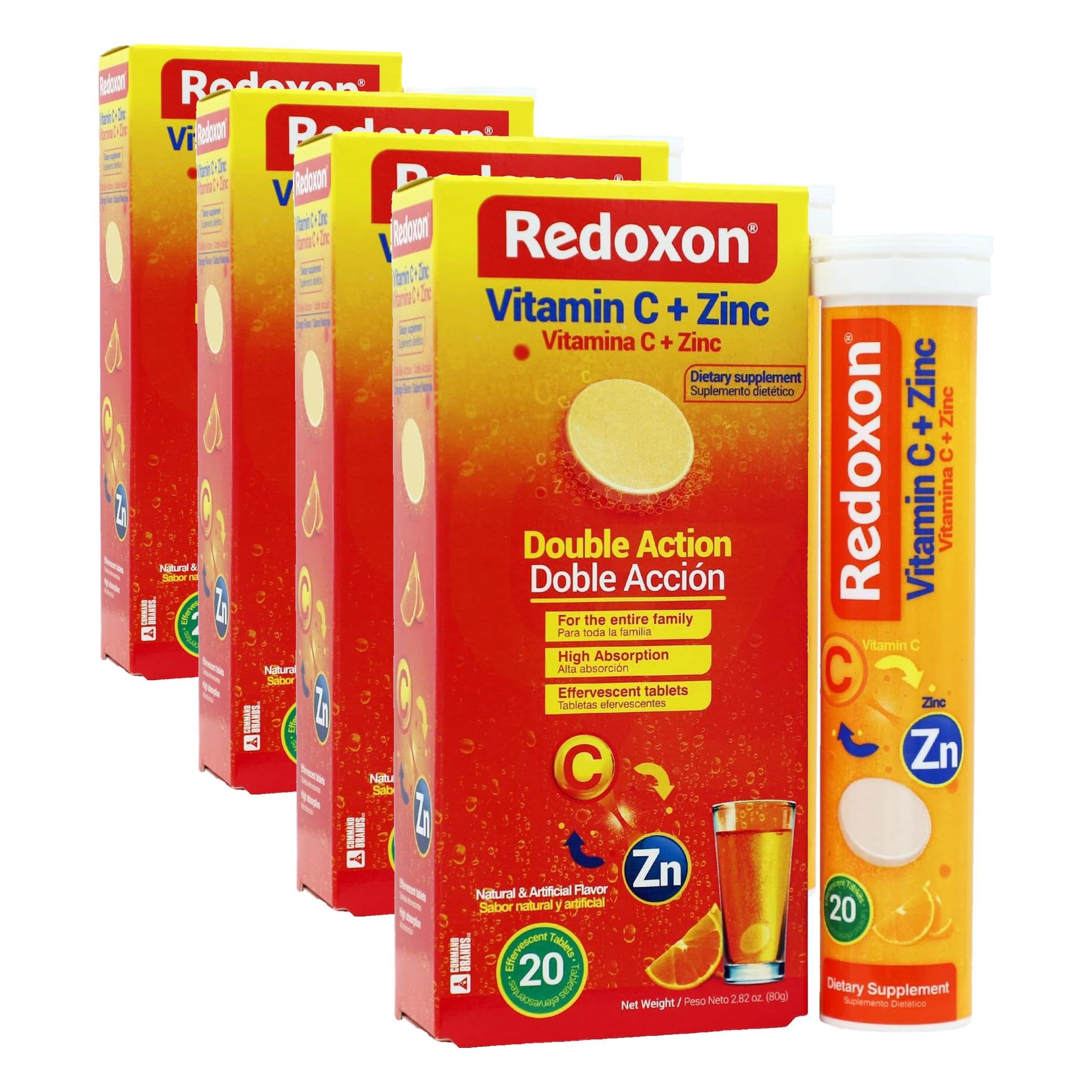 Redoxon Vitamin C + Zinc, Effervescent Tablets of Vitamin C and Zinc, Helps Support Your Immune System, Orange Flavor, 20 Effervescent Tablets, 2.82 Oz Box, (Pack of 4)