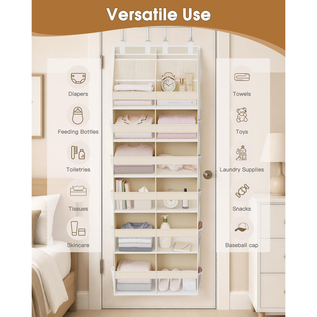 Criusia Over the Door Organizer, Extra Large 12 Compartments Closet Hanging Storage with 14 Mesh Pockets, 85lbs Capacity Behind the Door Storage for Baby Nursery, Bathroom, Bedroom, and Dorm, Beige