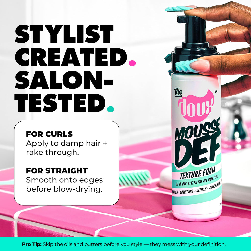 The Doux MOUSSE DEF Texture Foam, Multi-Use Styling Mousse, 7 oz | Styles, Conditions, Defines & Volumizes with Brilliant Shine, For All Curl Types & Textures, Non-Flaking Formula
