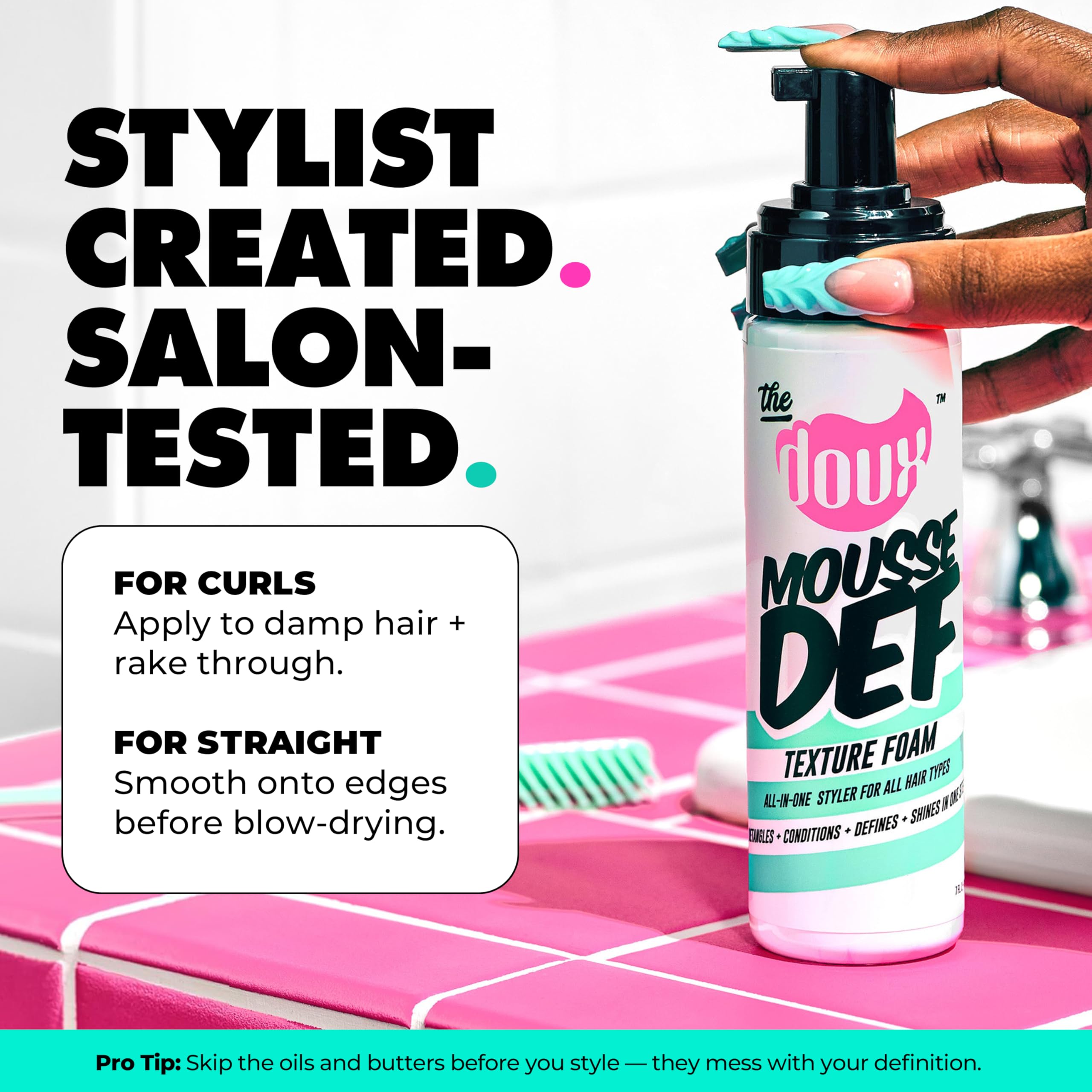 The Doux MOUSSE DEF Texture Foam, Multi-Use Styling Mousse, 7 oz | Styles, Conditions, Defines & Volumizes with Brilliant Shine, For All Curl Types & Textures, Non-Flaking Formula