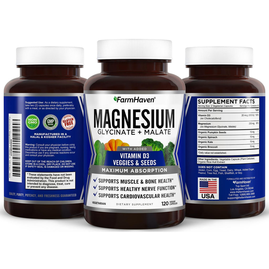 FarmHaven Magnesium Complex, Glycinate/Malate & Vitamin D3, 240 Capsules | Bone Health Support, Muscle & Nerve Function, Chelated Magnesium Complex with Vitamin D3, Vegetarian, 120 Day Supply
