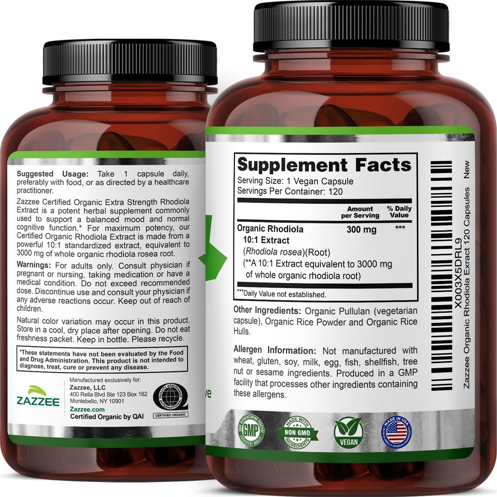 Zazzee USDA Organic Rhodiola 10:1 Extract, 120 Capsules, 4 Month Supply | Energy, Stress & Mental Focus Support, Rhodiola Rosea, Organic Herbal Supplement, All-Natural, Non-GMO, Made in the USA