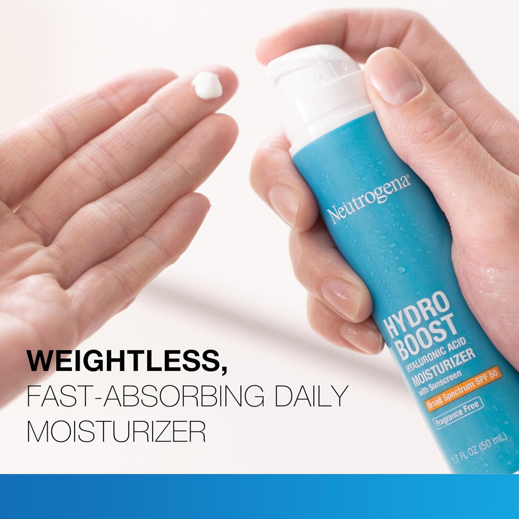 Buy now Neutrogena Hydro Boost Hyaluronic Acid Face Moisturizer with Broad Spectrum SPF 50 Sunscreen, Non-Greasy, Fragrance Free Daytime Facial Moisturizer to Hydrate & Soothe Dry Skin, 1.7 fl. oz at indiglob india