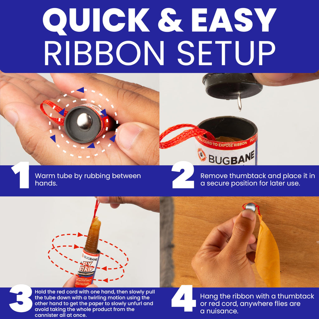 Fly Stick Sticky Fly Traps for Indoors Outdoor 4pk with 12 Ribbons. Non-Toxic Super Sticky Hanging Flies Catcher Paper Tape Strips for Home. Catches all bugs and gnats. Indoor House Flying Insect Trap