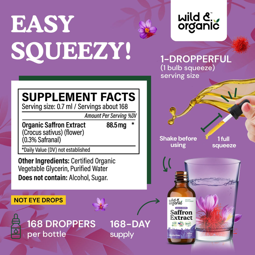 Wild & Organic Saffron Supplements 88.5 mg - Mood, Focus, Eye Support - 4oz | Saffron Extract Liquid Drops - Add to Tea - 5-Month Supply - Crocus Sativus Herb - Vegan, No Sugar & Alcohol-Free Tincture