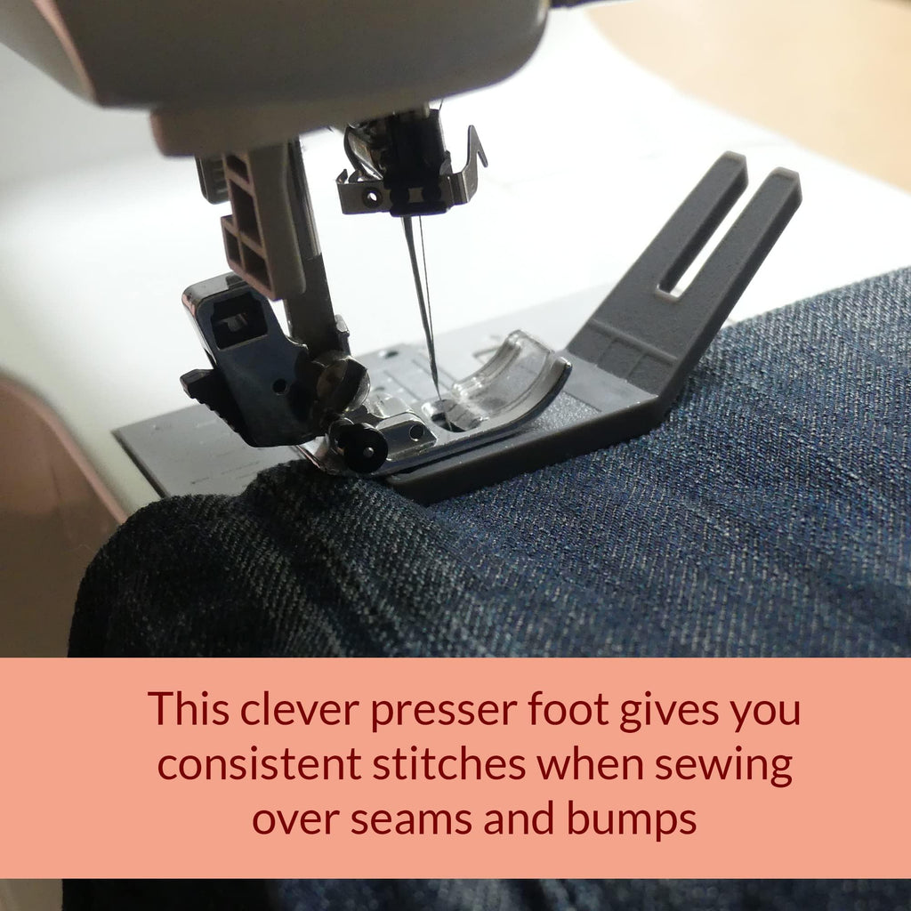 Madam Sew Bulky Seam Jumper – Hump Jumping Button Sewing Tool and Flush Plate Presser Foot for Chunky Denim and Hemlines – Compatible with Husqvarna Viking, Brother, Singer, Janome and Pfaff