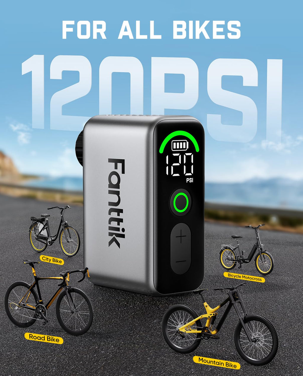 Fanttik X10 Ace Tiny Electric Bike Pump, 120PSI, 22s Inflate, Auto Stop