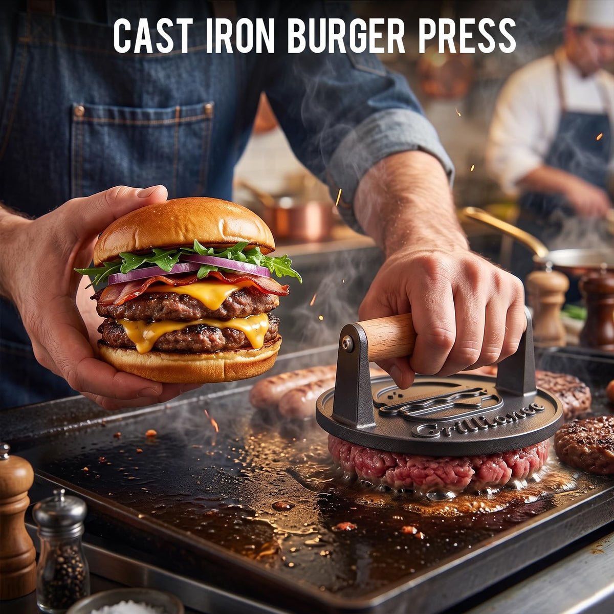Grilliance Smash Burger Press Kit, Cast Iron Flat Round Hamburger Smasher 6.6"