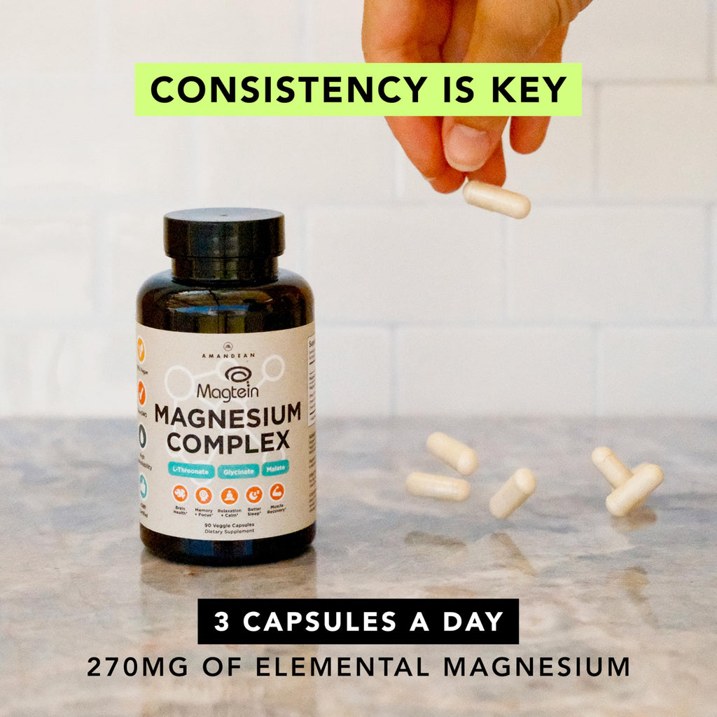 AMANDEAN Magtein Magnesium Complex: L-Threonate, Glycinate, Malate, 90ct | Magnesium L-threonate and glycinate + magnesium malate; 270mg elemental magnesium supplement; sleep, calm