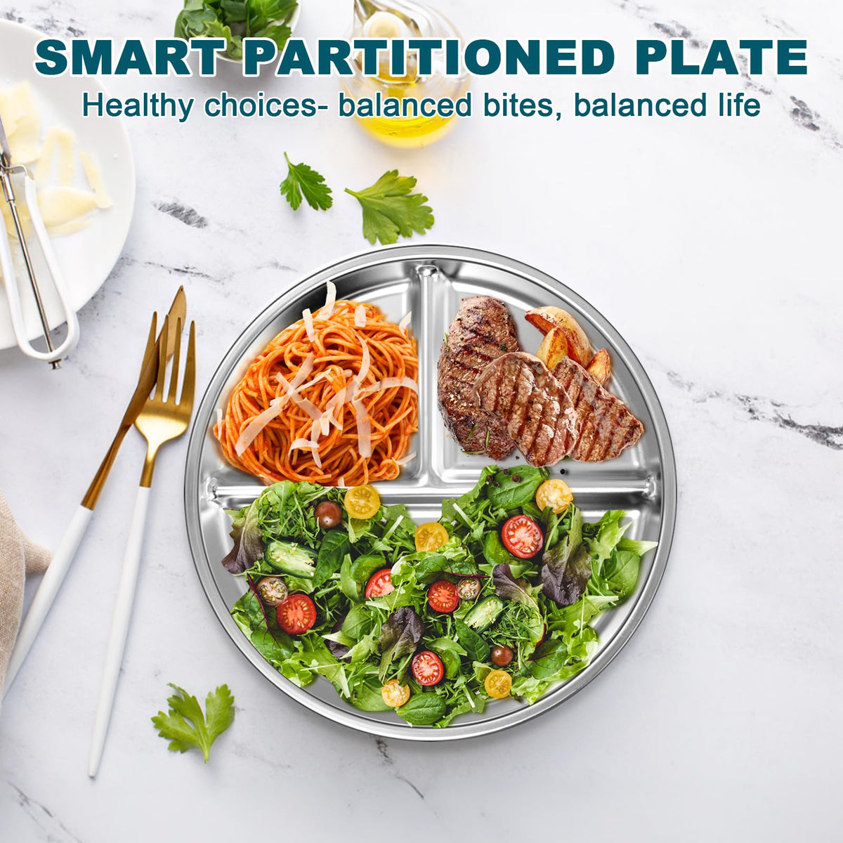 EWFEN Stainless Steel Toddler Plate Set of 6, 9" Portion Control Plates Divided Plate for Adults Kids Balance Lunch, Non Slip | Unbreakable Toddler Baby Feeding Set Dishwasher Safe