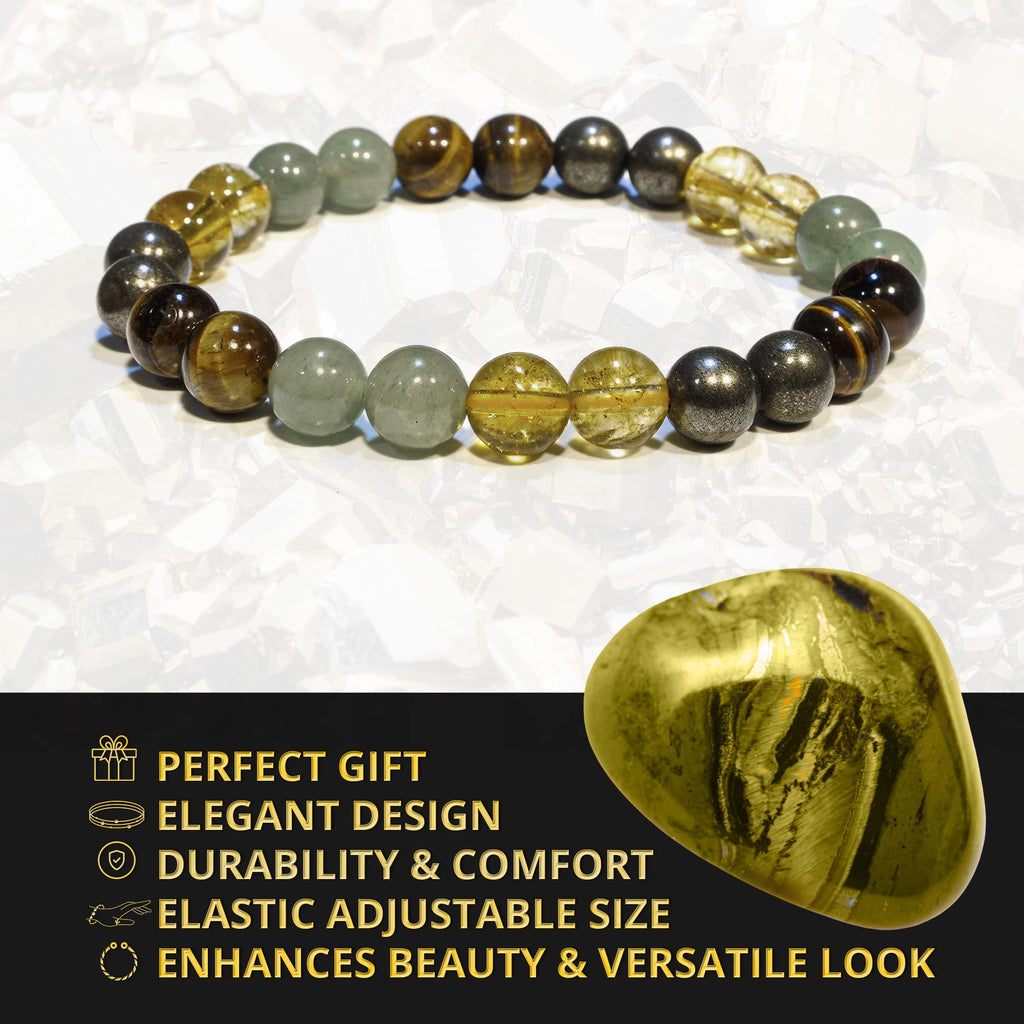 ANAYA AGATE Money Wealth Success Bracelet - Pyrite Green Aventurine Tiger Eye Citrine Bracelet Set for Men Women Healing Calming Anxiety Stress Relief Pulseras Para Hombres Mujer Stocking Stuffers