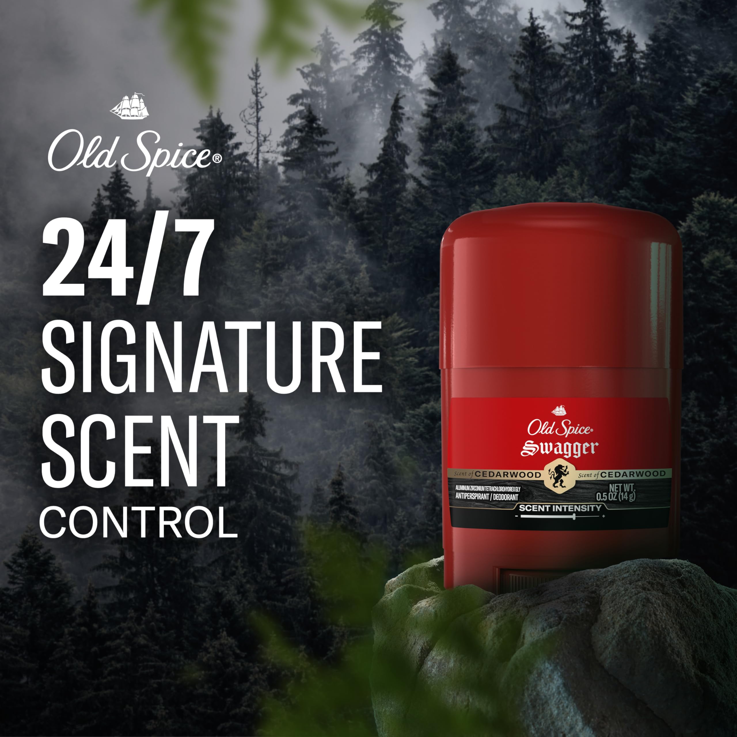 Old Spice Antiperspirant Deodorant for Men, 24/7 Sweat & Odor Protection, 24/7 Lasting Freshness, Invisible Solid, Swagger with Cedarwood Scent, Trial Size, 0.5 oz