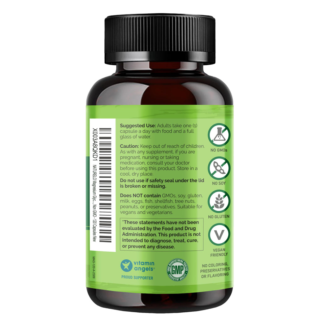 NATURELO Magnesium Glycinate Chelate Complex - 200 mg Magnesium, 120 Count | Support Sleep, Calm, Muscle Cramp & Stress Relief, Gluten Free, Non GMO, with Organic Vegetables