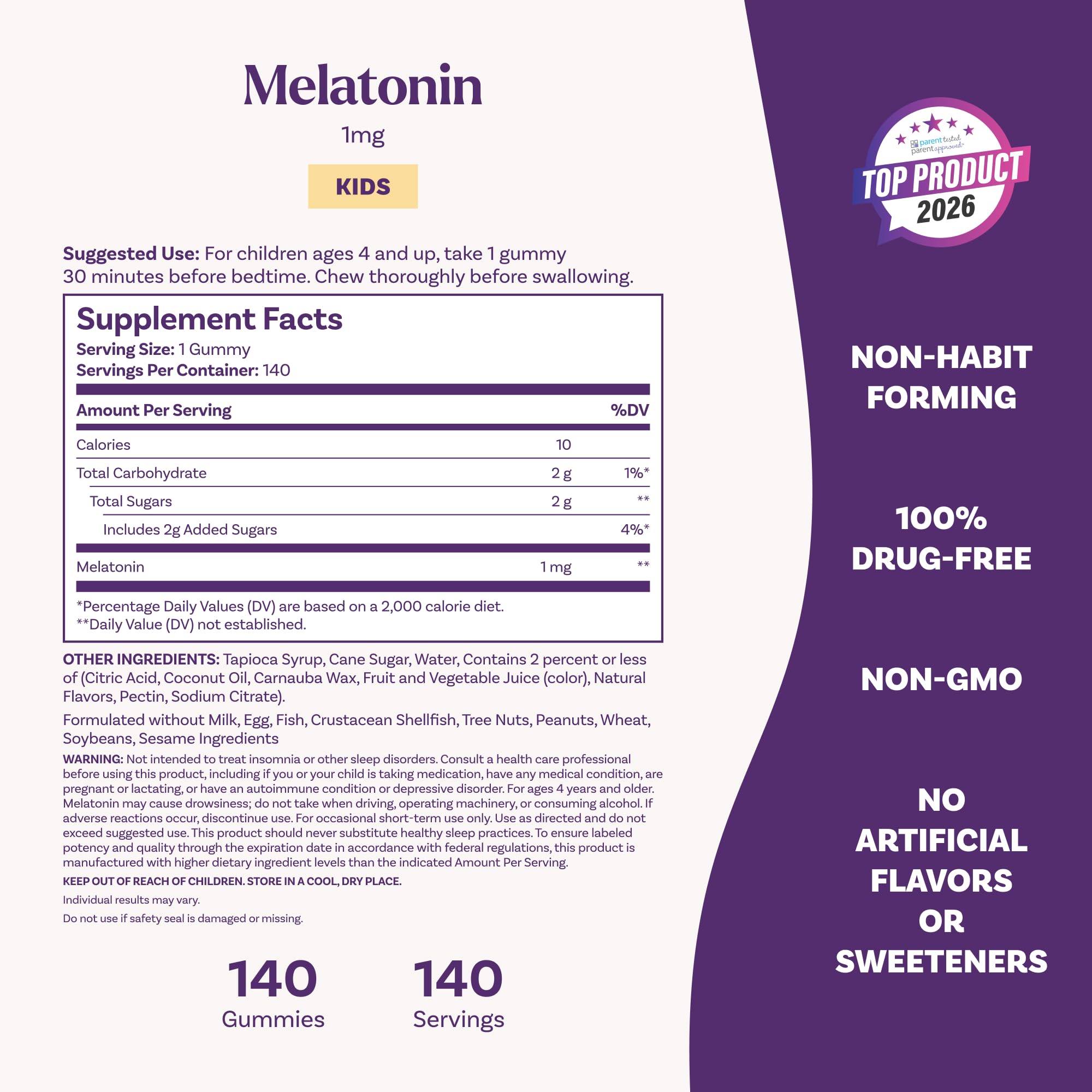 Natrol Kids Melatonin Gummies 1mg, Restful Sleep, 140 Raspberry Gummies