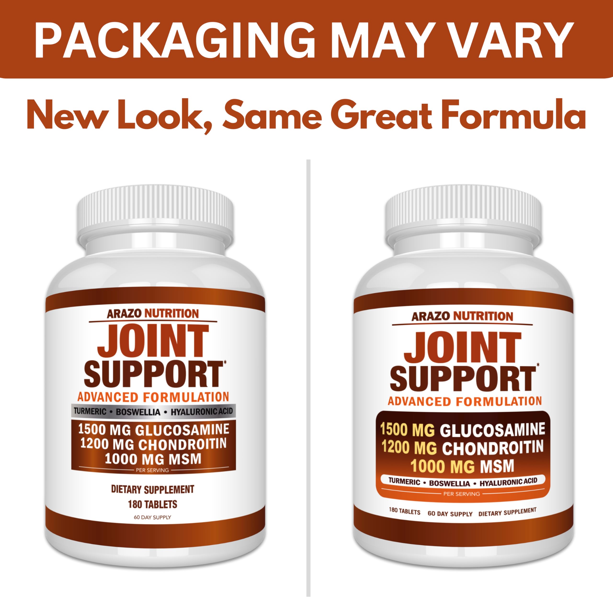 Arazo Nutrition Glucosamine Chondroitin Turmeric Msm Boswellia - Joint Support Supplement for Relief for Bones, Back, Knees, Hands (180 Tablets)