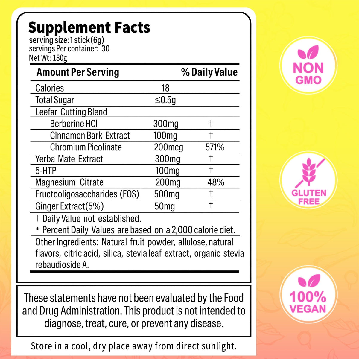 Cutting Drink Mix, Satiety & Craving Support Powder with Berberine, Chromium, FOS, Yerba Mate & 5-HTP, Sugar-Free Vegan Drink Mix, Strawberry Acai Flavor, 30 Individual Sticks
