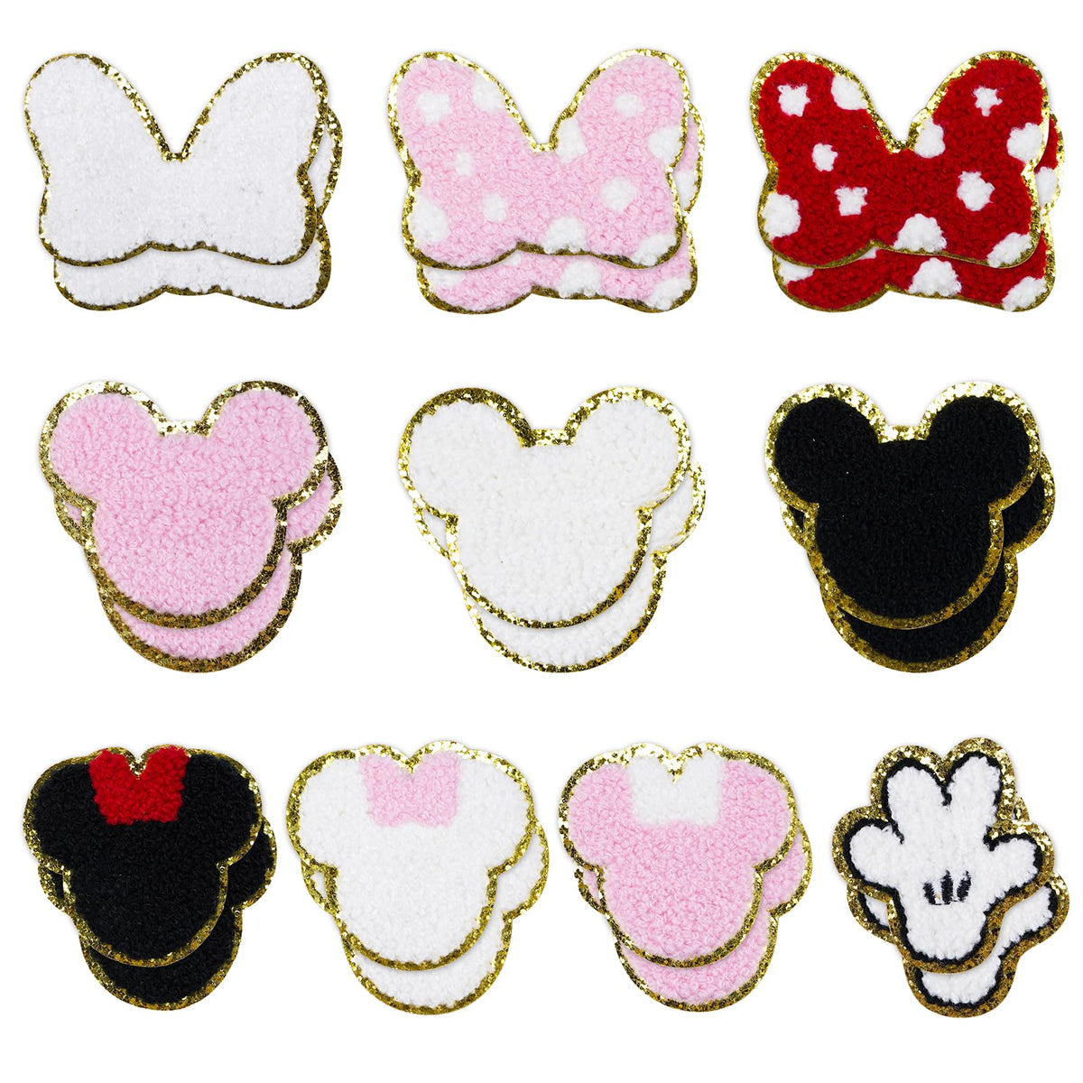 20Pcs Mouse Themed Patch, Pink Mouse Chenille Patches Gold Edges Bowknot Iron On Patch for Bags Hat DIY Clothing Repair