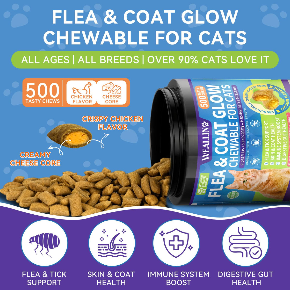 Flea and Tick Prevention for Cats, Cat Flea and Tick Treatment, 500 Chews