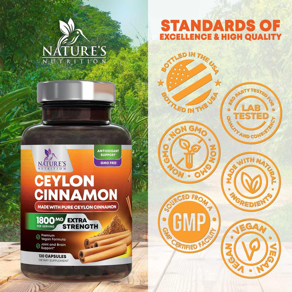 Organic Ceylon Cinnamon Capsules - Extra Strength Certified Organic Ceylon Cinnamon Supplement 1800mg Per Serving - Energy & Heart Support Antioxidant Pill for Women & Men, Bottled USA - 120 Capsules